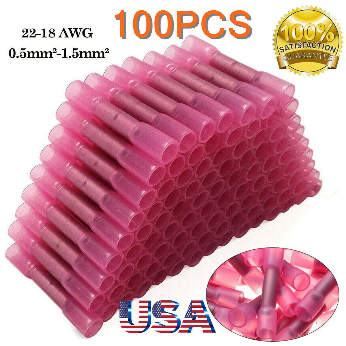 100Pcs 22-16AWG Red Heat Shrink Wire Butt Connectors Waterproof Splice Terminals