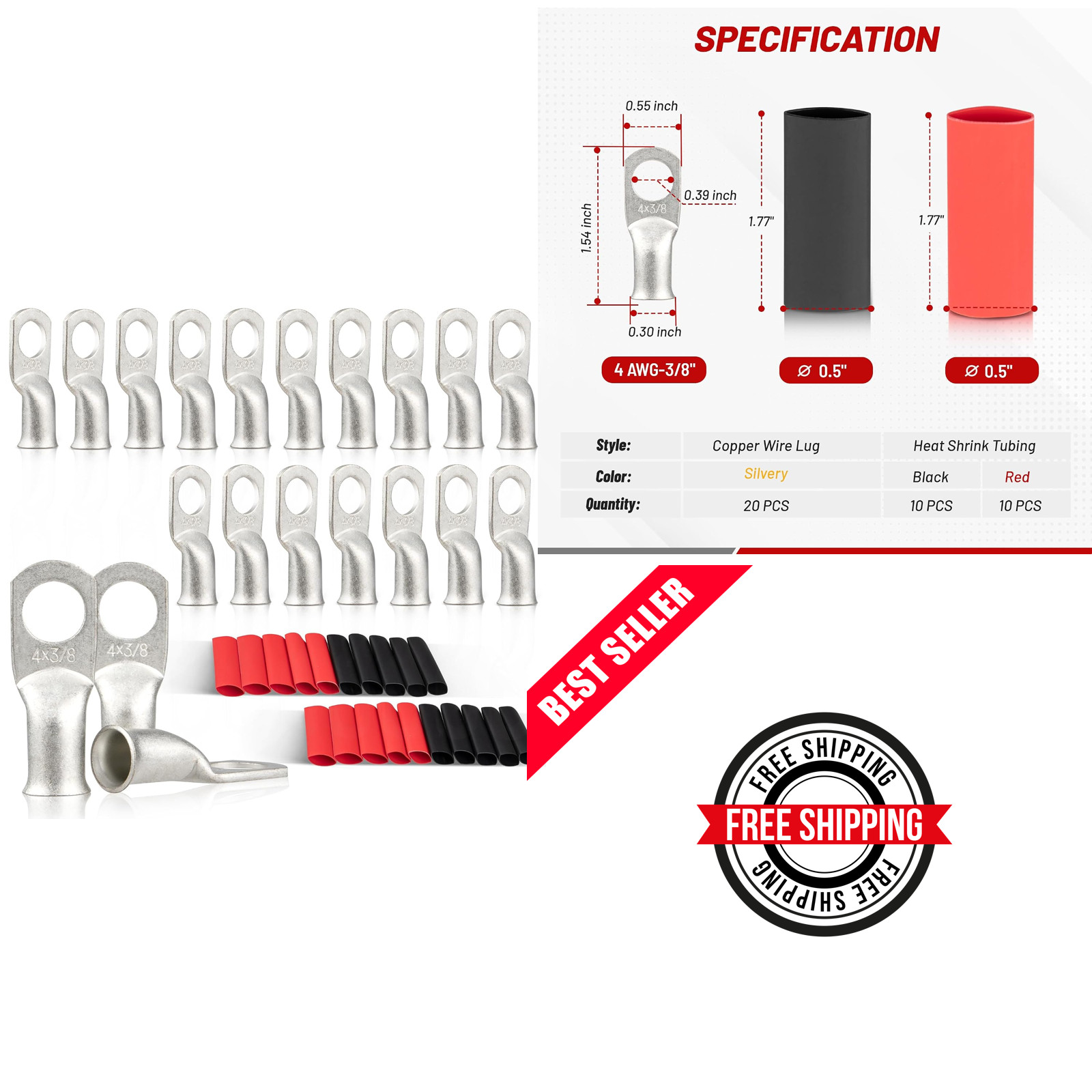 20PCS 4 AWG-3/8 Marine Grade Wire Lugs, Tinned Copper Ring Terminal Connectors