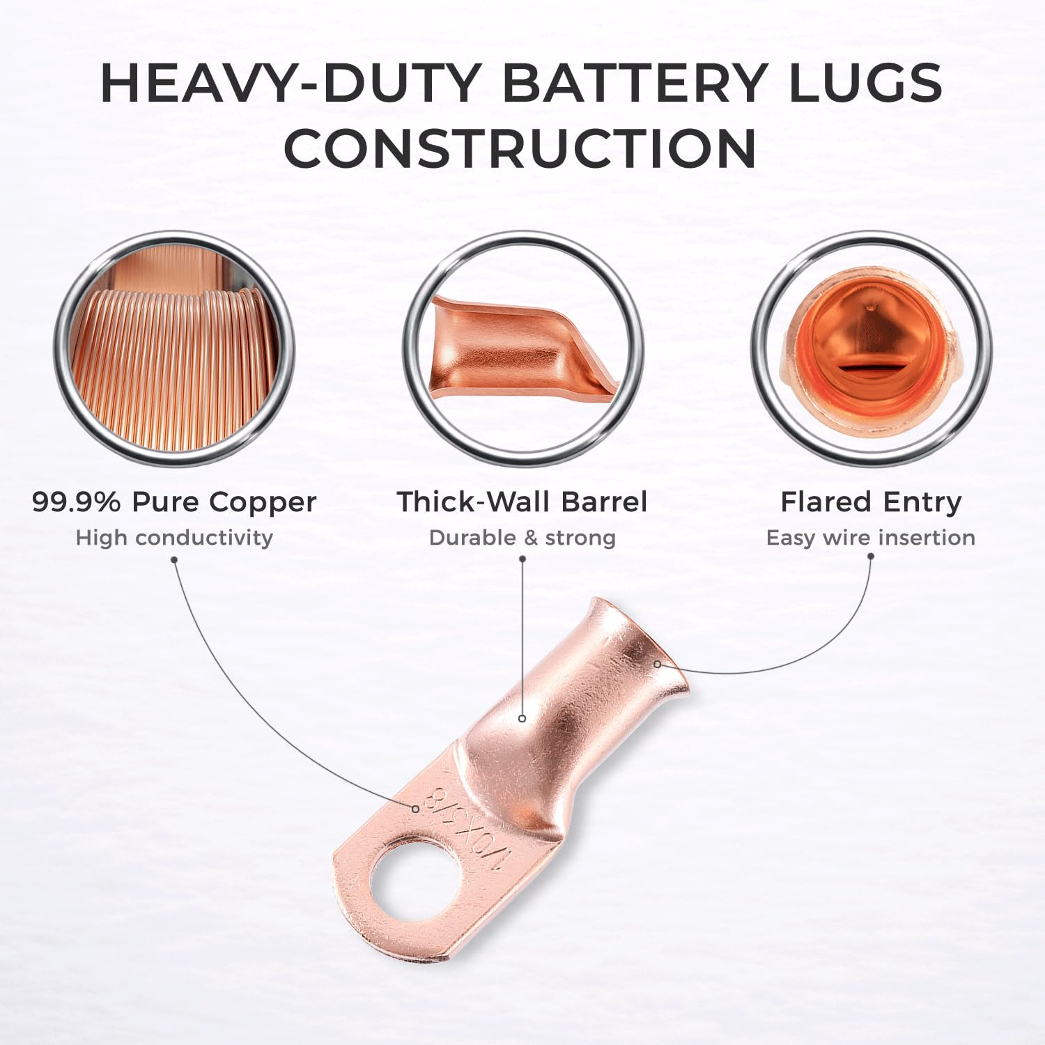 1/0 AWG (0 Gauge) 1/2″ (M12) Copper Ring Terminals, 10 Pcs Heavy Duty Battery C