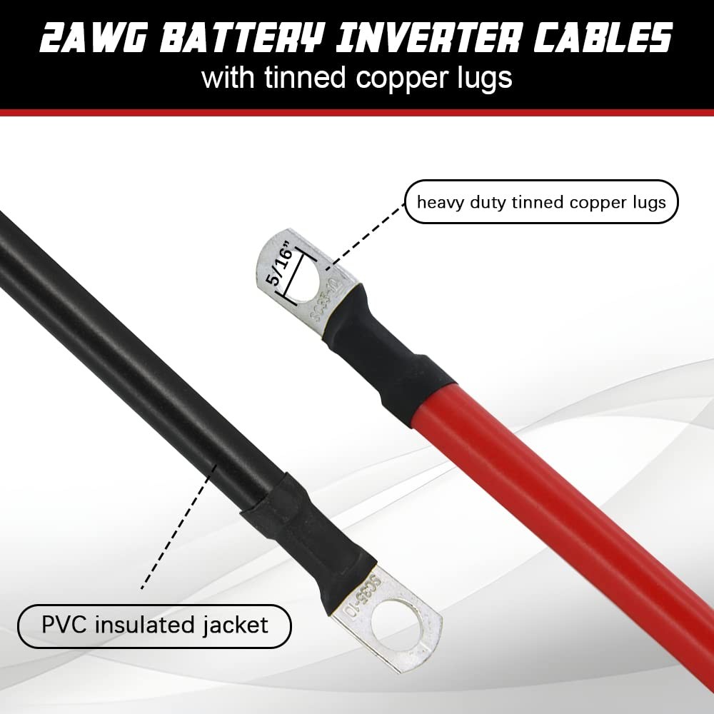 2 AWG Battery Cable 3FT 2 Gauge Pure Copper Battery Inverter Cables with 3/8
