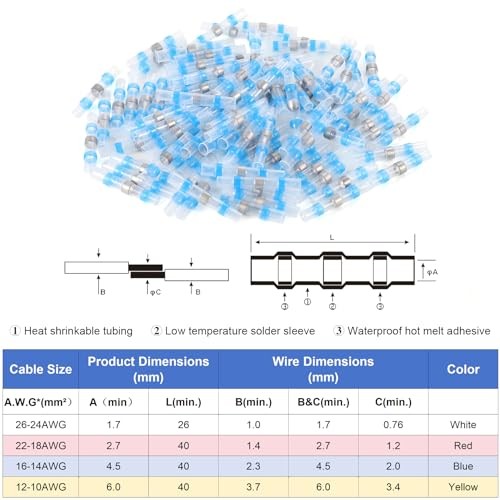 100PCS Blue Waterproof Solder Seal Wire Connectors 16-14 AWG, Heat Blue 100PCS