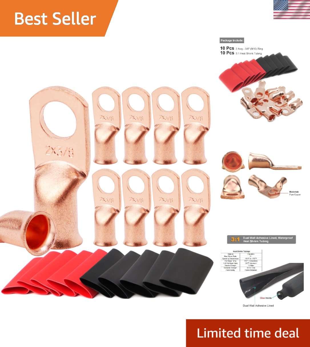 10 Pack 2 AWG Ring Terminals with 3:1 Heat Shrink for Safety