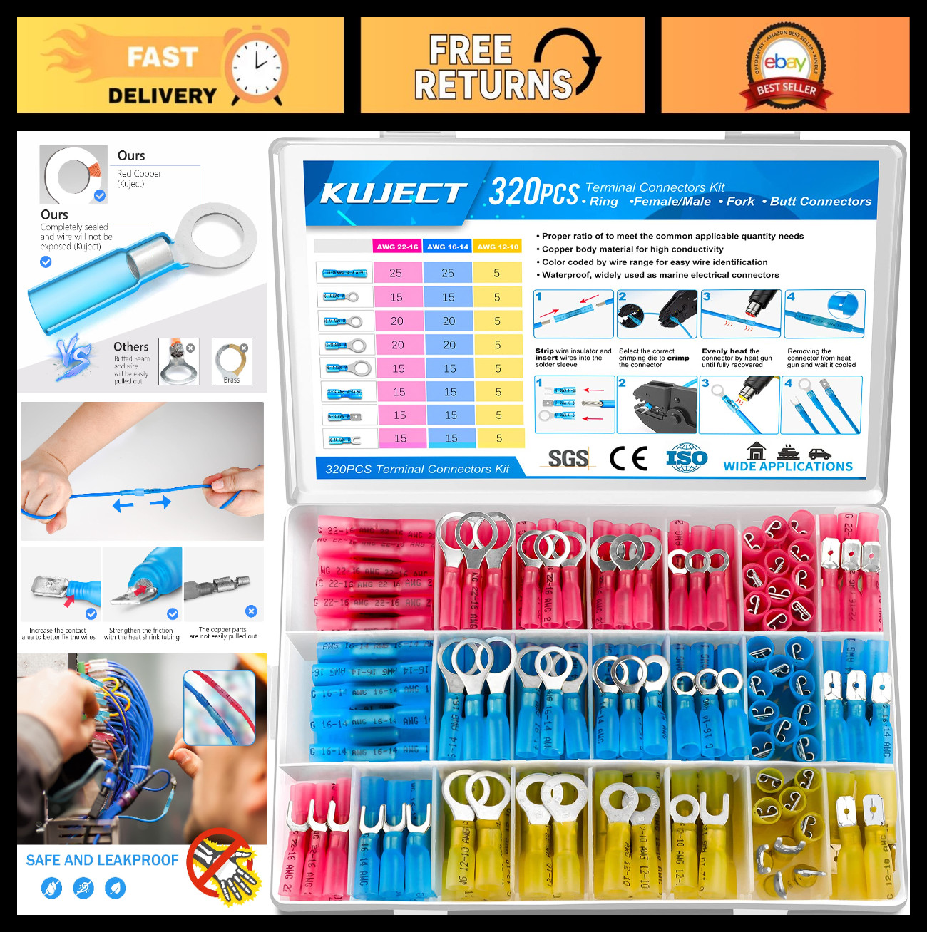 320PCS Heat Shrink Wire Connectors Kit – Waterproof Crimp Terminals, Spade & But