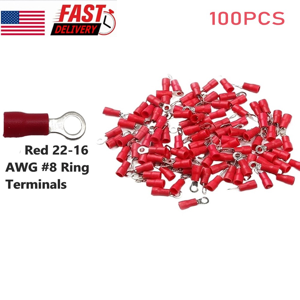 100PCS Red 22-16AWG #8 Cable Wire Crimp Connectors Ring Electrical Terminals US