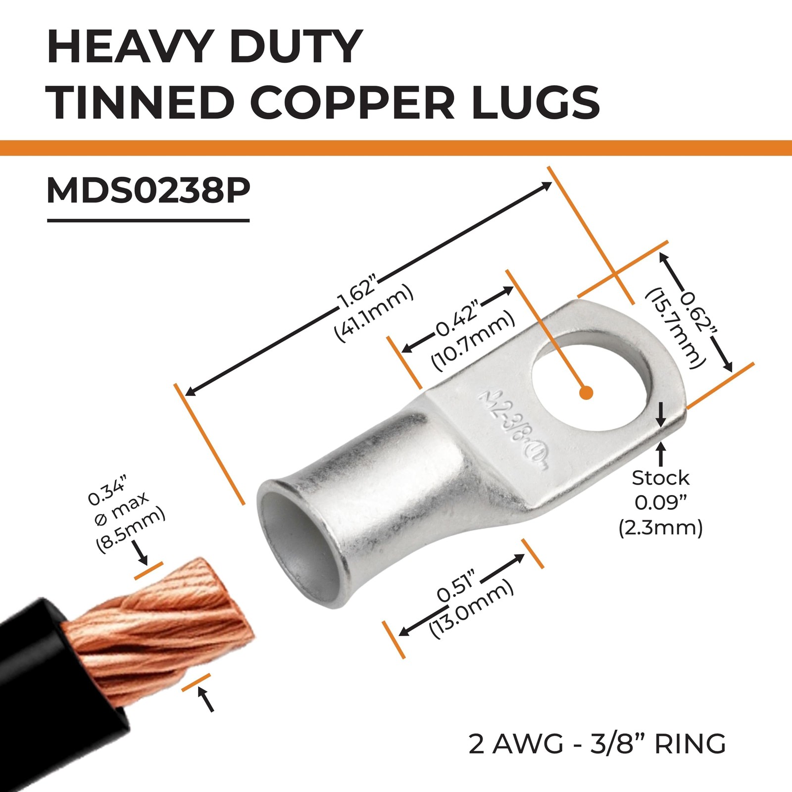25pcs 2 AWG 3/8″ Stud Marine Grade Tinned Copper Battery Cable Lugs, 2 Gauge …