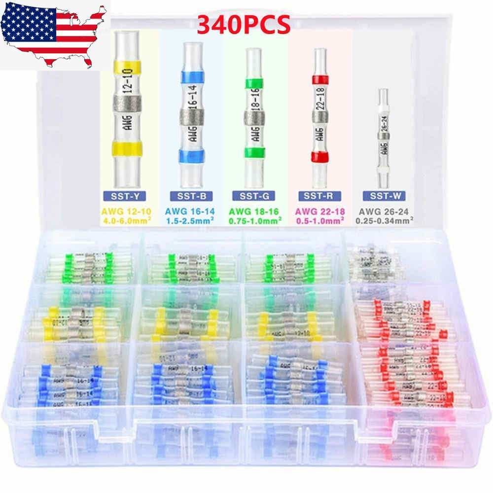 140/340PCS 22-10GA Heat Shrink Solder Seal Sleeve Butt Terminals Wire Connectors