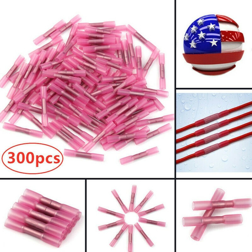 300pcs 18-22 Gauge Heat Shrink Butt Wire Splice Connectors Crimp Terminals