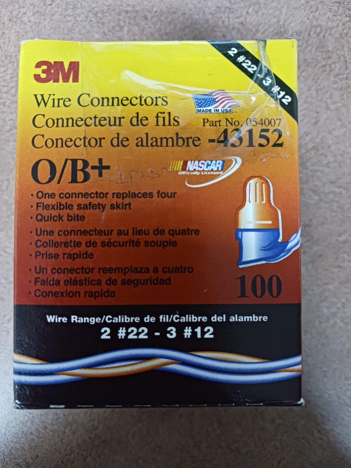 3M 054007-43152 TWIST-ON WIRE CONNECTOR O/B+, 2-#22~3-#12 AWG (Box/100)