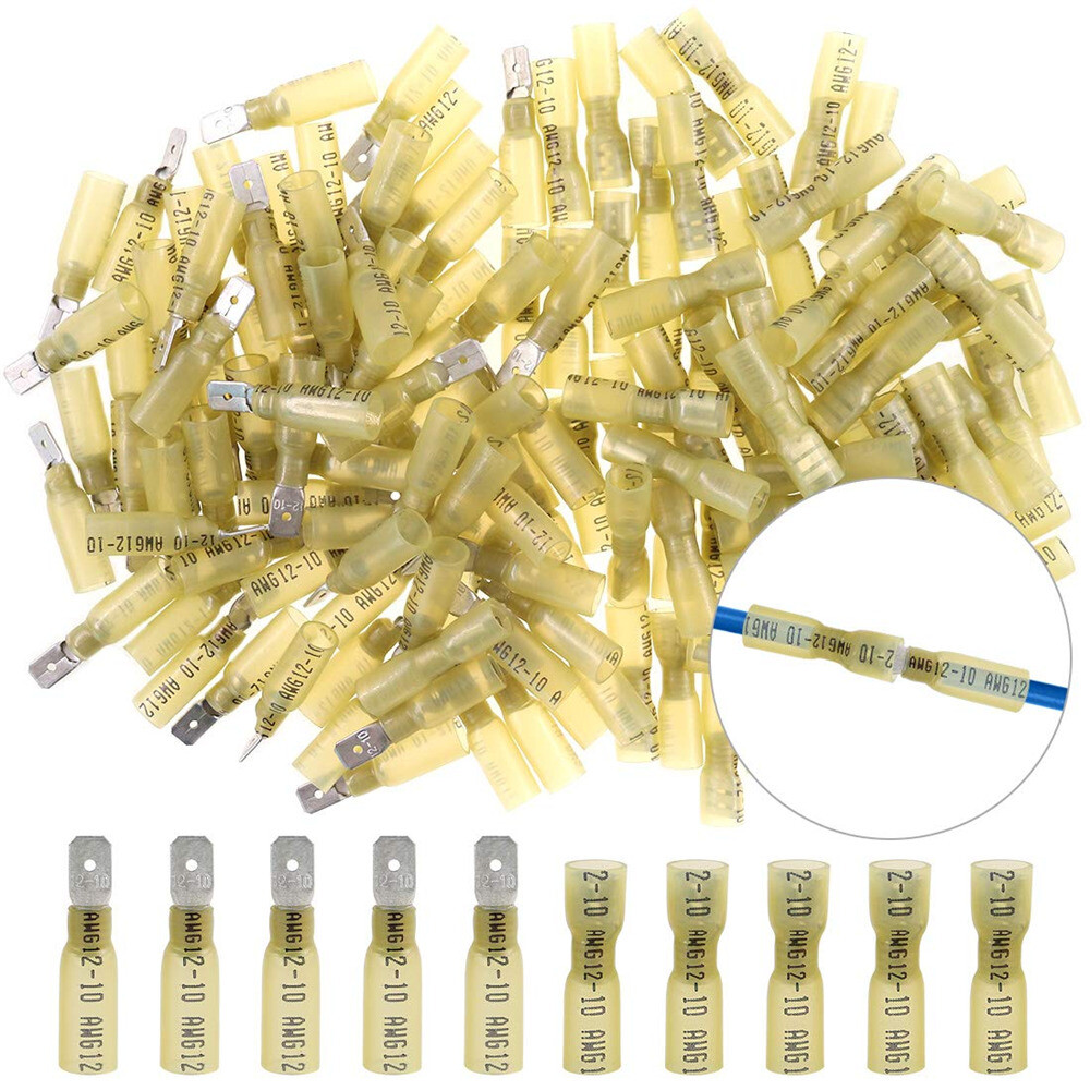 100 pcs/50 pairs Yellow 12-10 AWG Heat Shrink Spade Male& Female Connectors