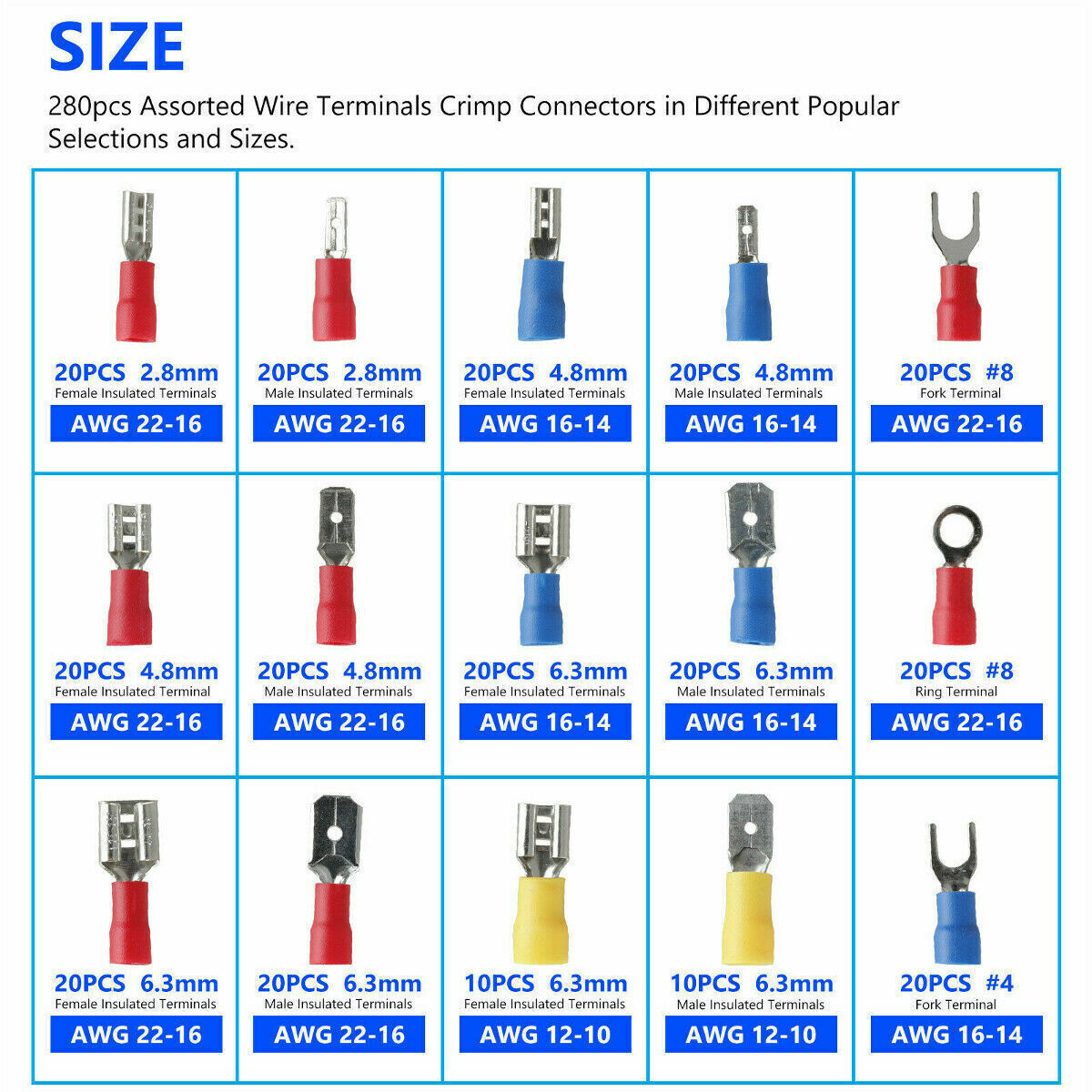 280PCS Assorted Insulated Spade Electrical Wire Connectors Crimp Terminals Kit