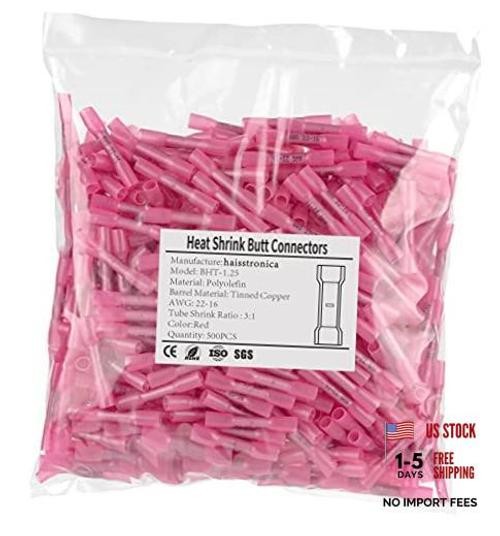 500PCS Red Heat Shrink Butt Connectors AWG22-16, Marine AWG22-16 Red 500pcs