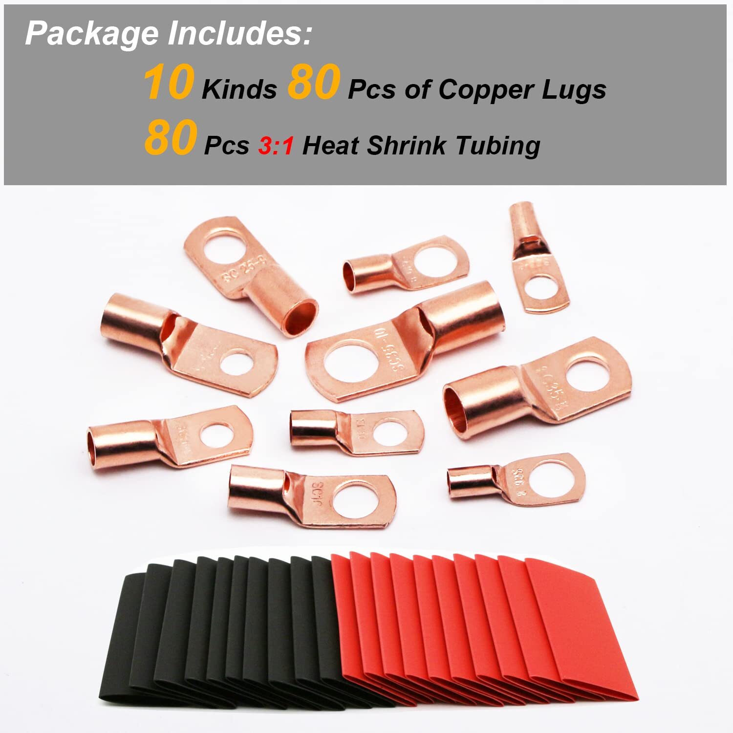 TKDMR 160Pcs Copper Wire Lugs AWG2 4 6 8 10 12 with 10 Kind Sizes,