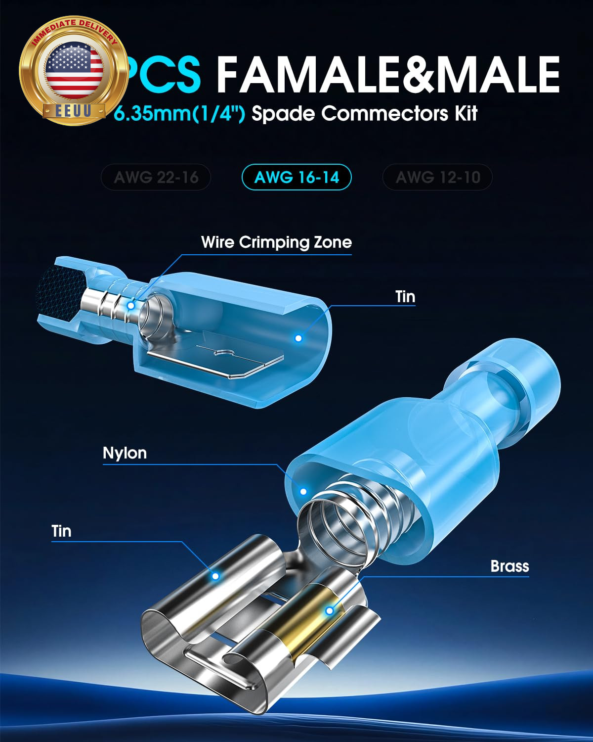 50 Pcs Electrical Male& Female Spade Connectors, 22-16 16-14 12-10 AWG Gauge Wir