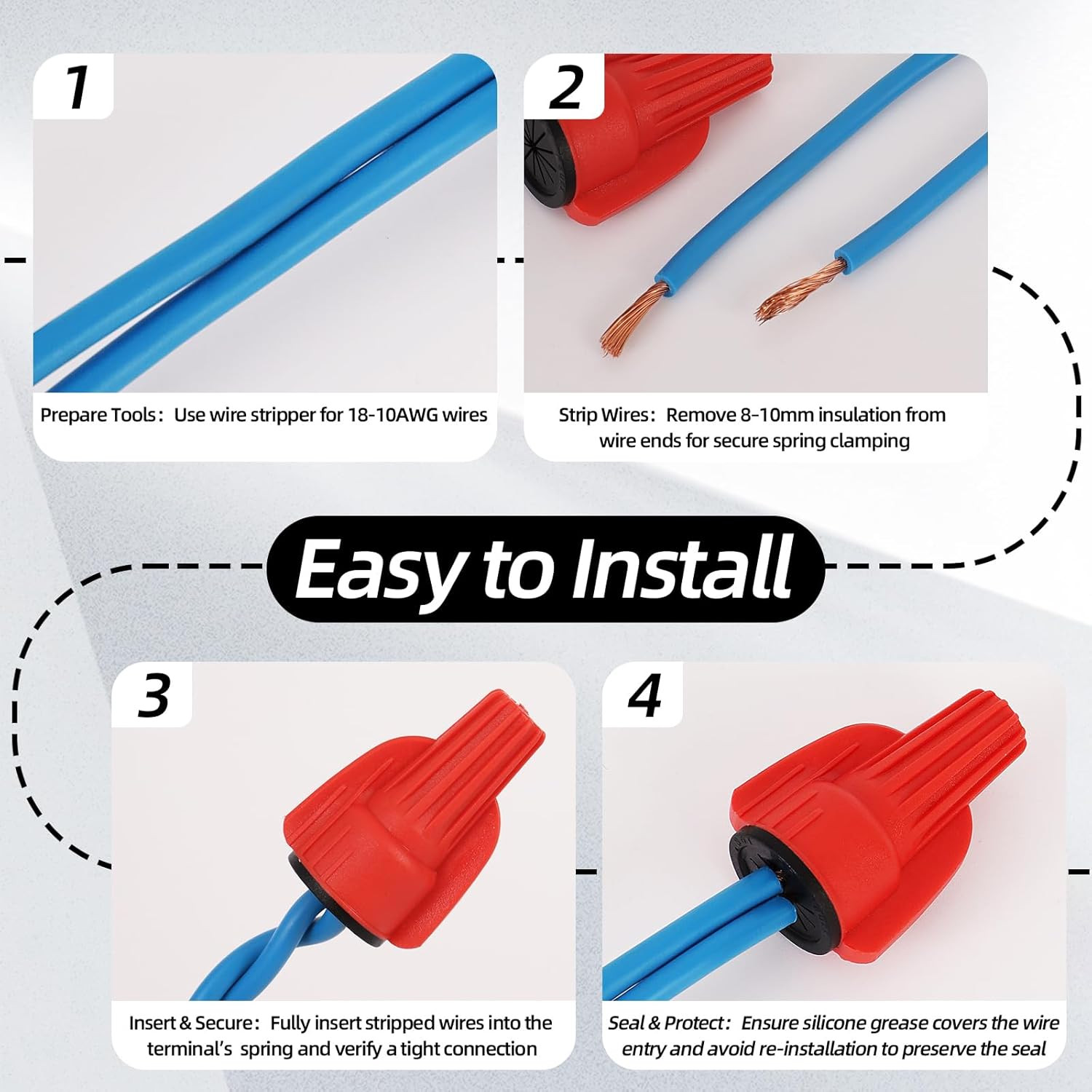 50 PCS Waterproof Wire Connectors 18-10AWG Silicone-Filled Waterproof Wire Nuts
