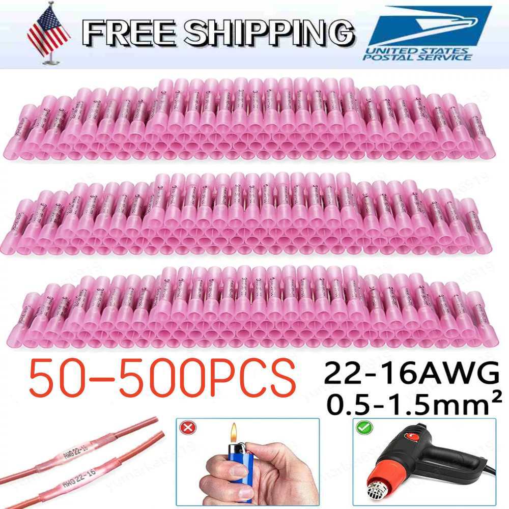 22-16AWG Pink Heat Shrink Wire Butt Connectors Waterproof Splice Terminals USA