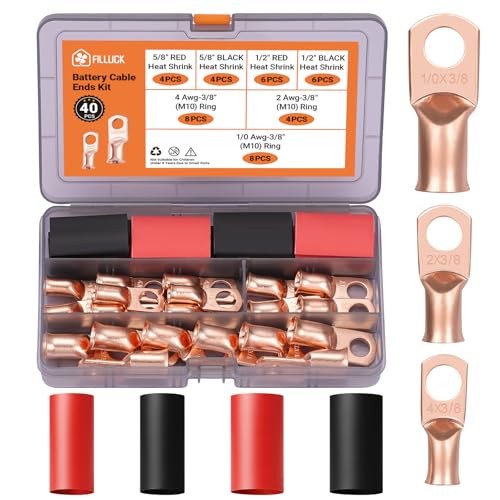 pcs Battery Cable Ends Kit, Copper Lugs AWG 1/0 AWG 4 AWG 2 | 3/8″ Ring 40