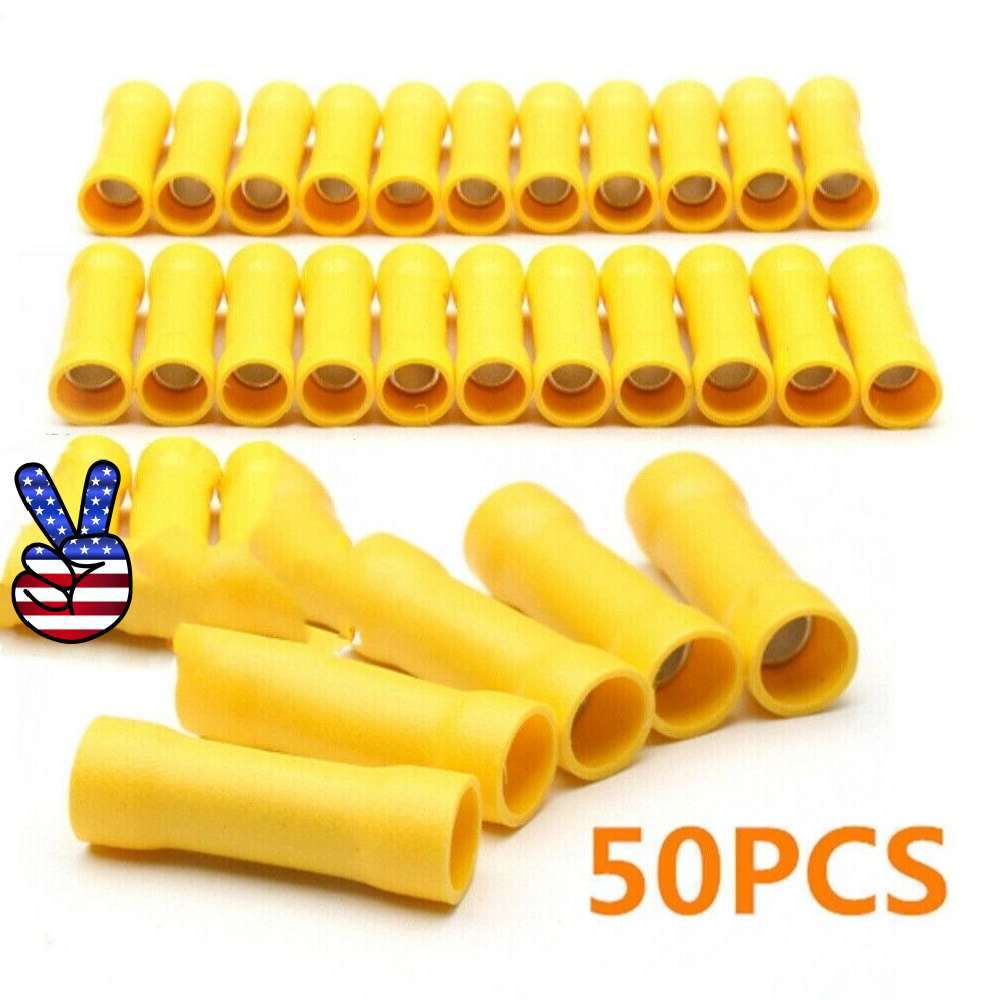 50Pcs Yellow Copper PVC Wire Butt Connectors Fully Insulated Connectors AWG12-10
