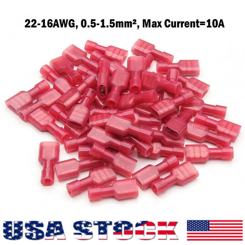 100PCS Red Female Insulated Wire Terminals 22-16AWG Spade Crimp Connectors Set