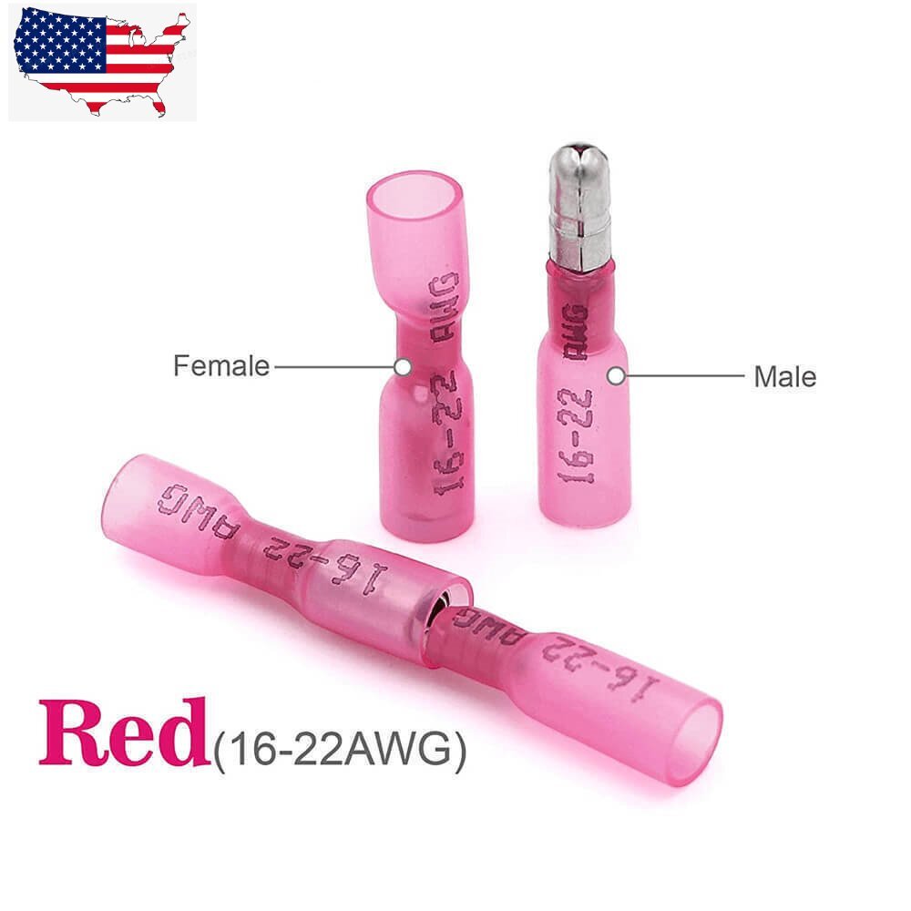 Red Heat Shrink Bullet Wire Connectors 22-16 AWG Female Male Crimp Terminals US