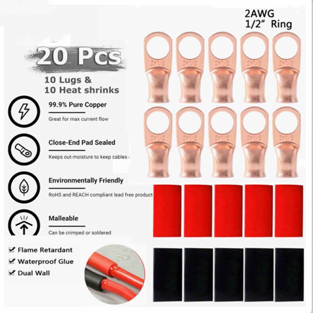 (10) 2AWG Gauge Copper Ring Terminals 1/2″ RED/BLACK Heat Shrink Tubing LUGS