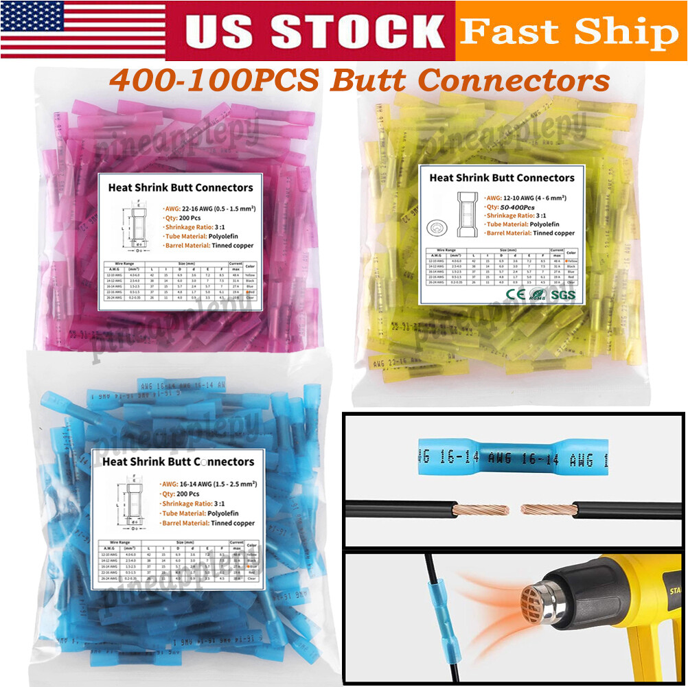 400-100PCS Waterproof Heat Shrink butt Splice Crimp Wire Connectors Terminal Kit