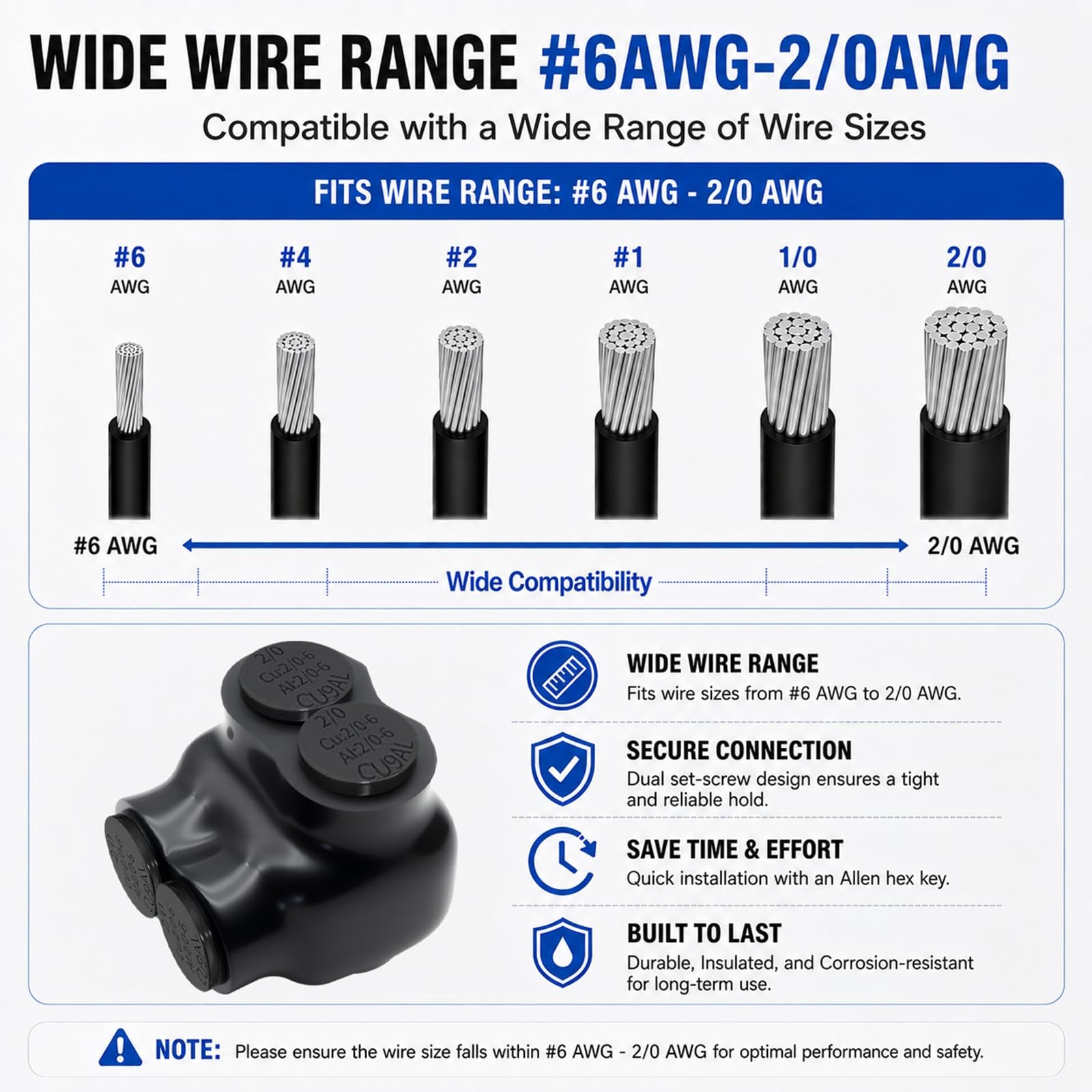 2/0-6AWG Wire Range Black Insulated in-Line Splice Connector 2 Ports 1.65”L x…