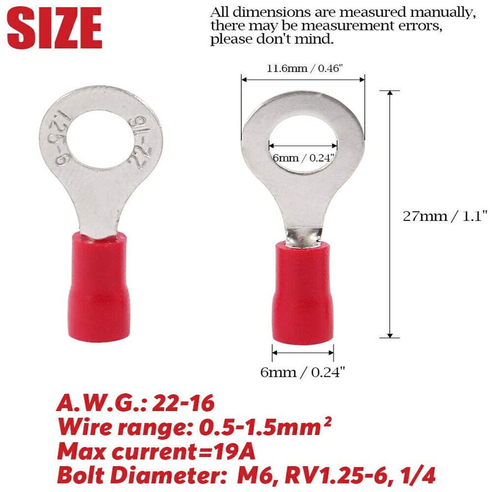 Red Cable Wire crimp Connector 6mm Ring terminal 22-16AWG RV1.25-6 200PCS
