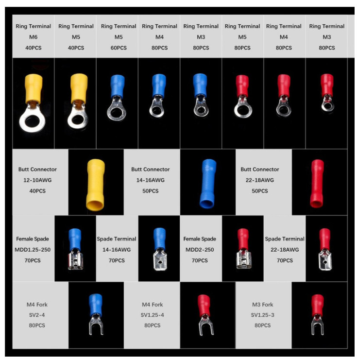 1200x Assorted Insulated Electrical Wire Terminals Spade Kit Crimp Connectors