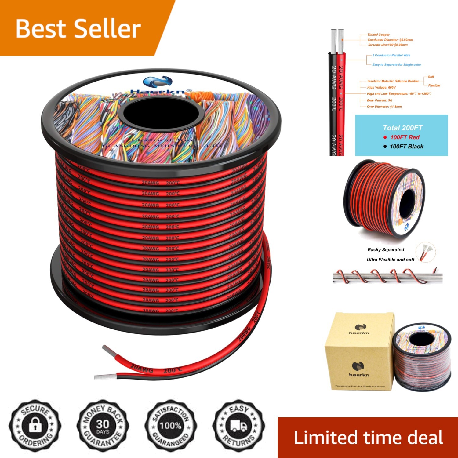 Flexible 20 AWG Silicone Wire – 200ft Total Length with 100ft Red & Black Styles
