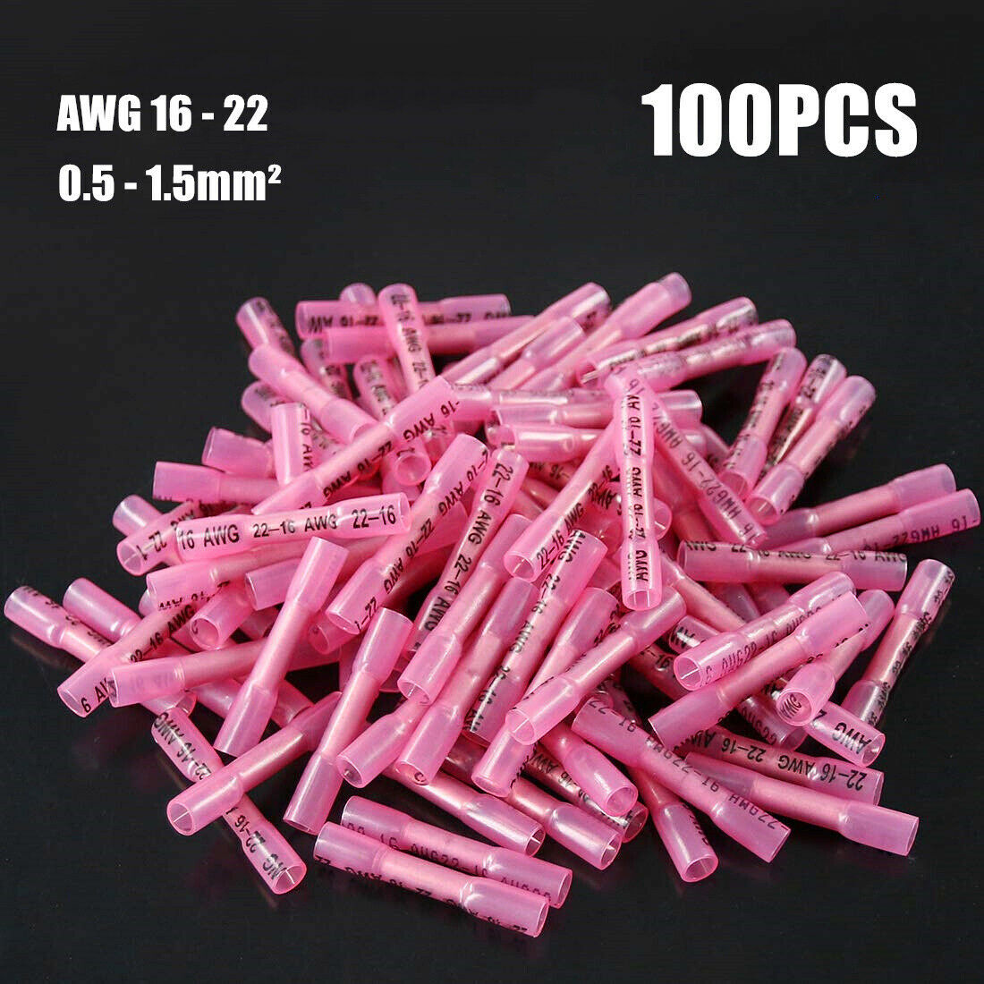 100Pcs 22-16AWG Red Heat Shrink Wire Butt Connectors Waterproof Splice Terminals