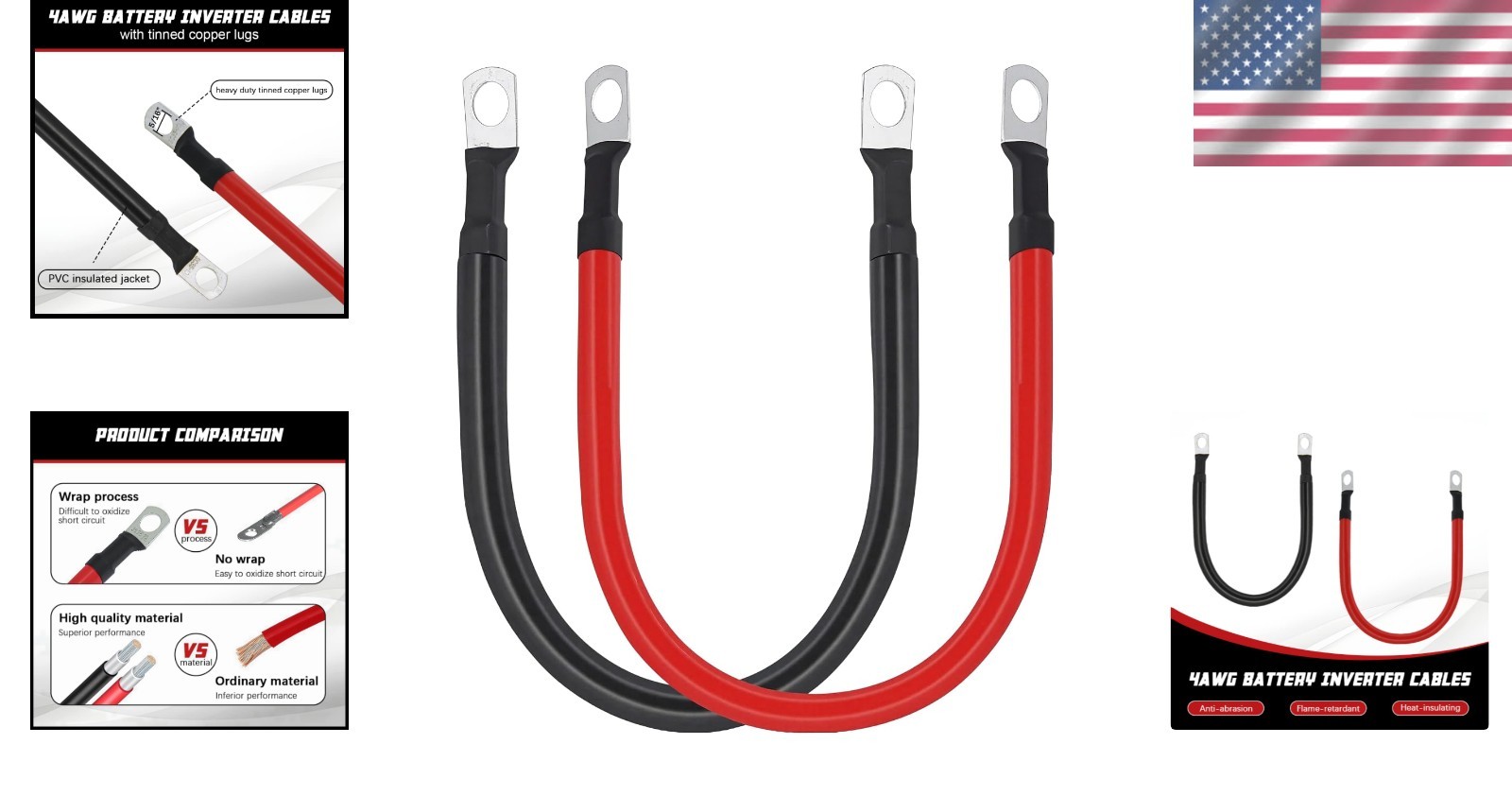 Safe 1FT 4 AWG Copper Battery Cables with Tinned Lugs – Ideal for Automotive Use