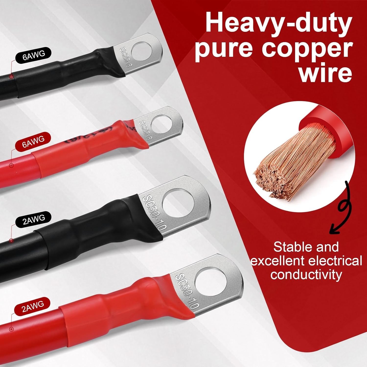 2AWG 1FT Heavy-Duty Battery Cable Set (1 Positive & 1 Negative), 3/8″ M10 Thicke