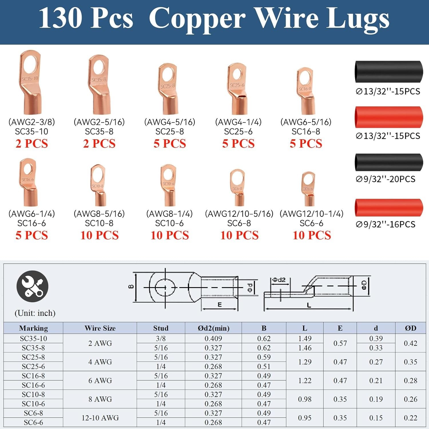 130 Pcs Copper Wire Lugs, 64 Pcs Battery Cable Lugs for AWG 2 4 6 8 10 12