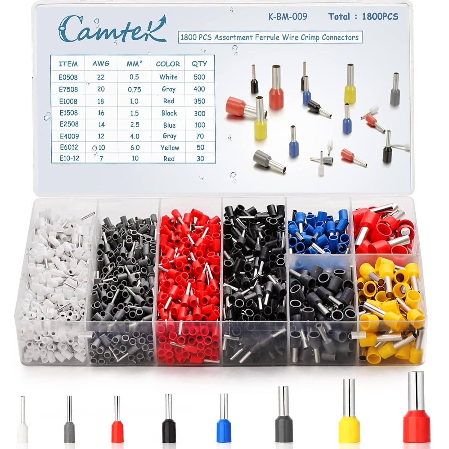 1800pcs Wire Ferrules Terminals Kit, Camtek Ferrule Crimping Kit Assortment Ferr