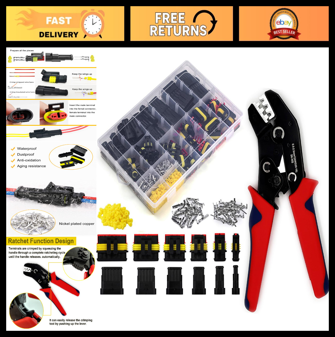 800pcs Waterproof Automotive Wire Connectors Kit with Crimper, 22-16 AWG, Male/F