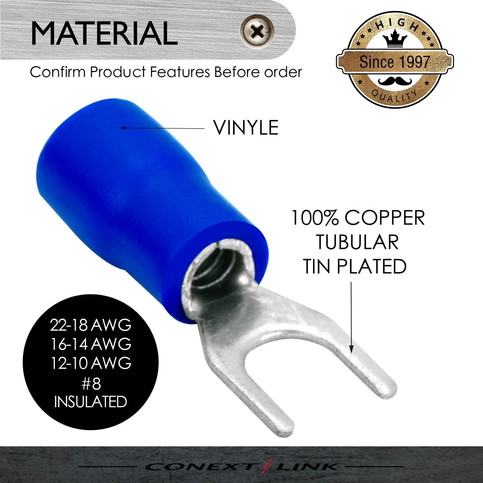 75 Spade Fork Terminal Connector Vinyl 22-18 16-14 12-10 GA AWG Gauge #8 Stud