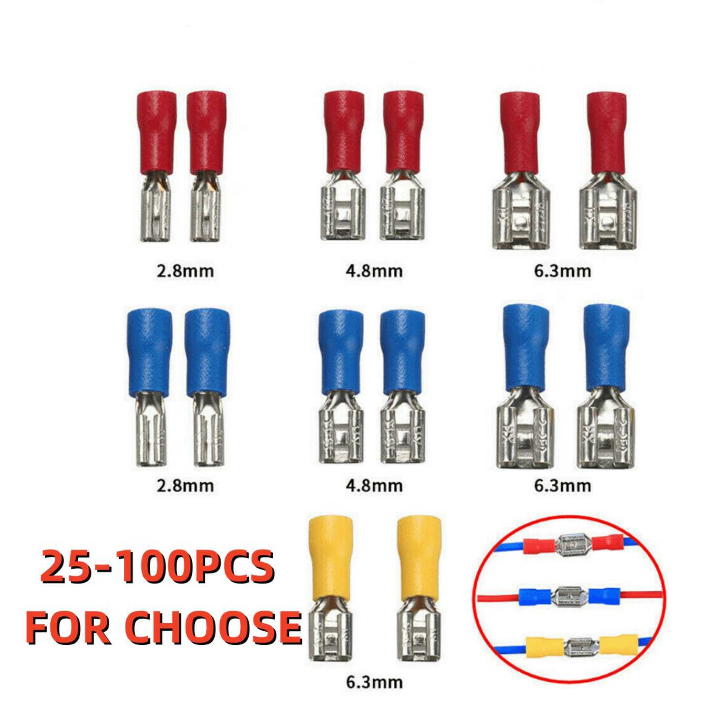 25-100PCS Assorted Insulated Electrical Wire Terminal Crimp Connectors 2.8-6.3mm