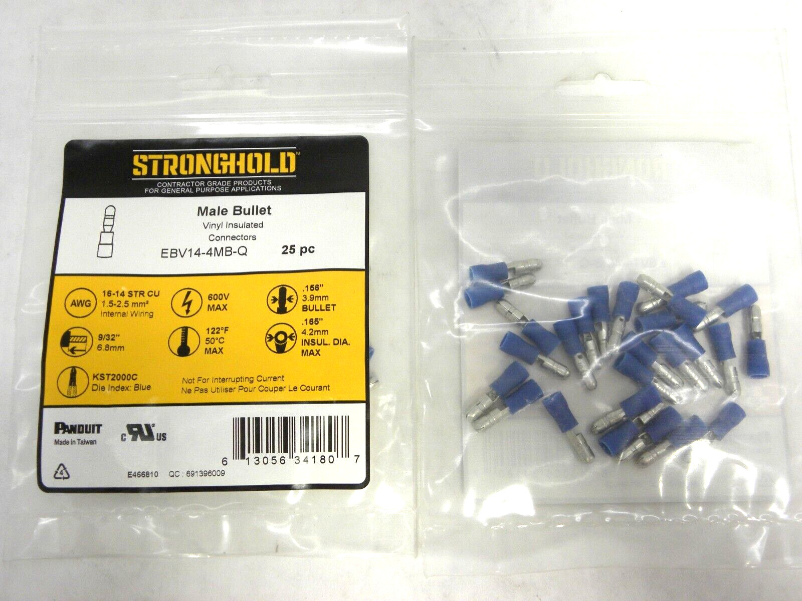 50 pcs – PANDUIT Stronghold Male 5/32″ Bullet Crimp Terminal Connector 16-14 AWG