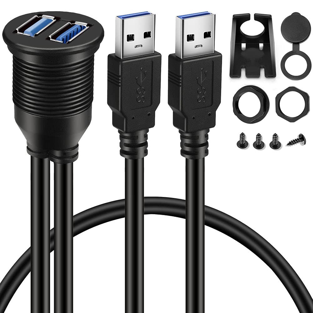BATIGE 2 Ports Dual USB 3.0 Male to Female AUX Flush 1pcs 3ft, Black