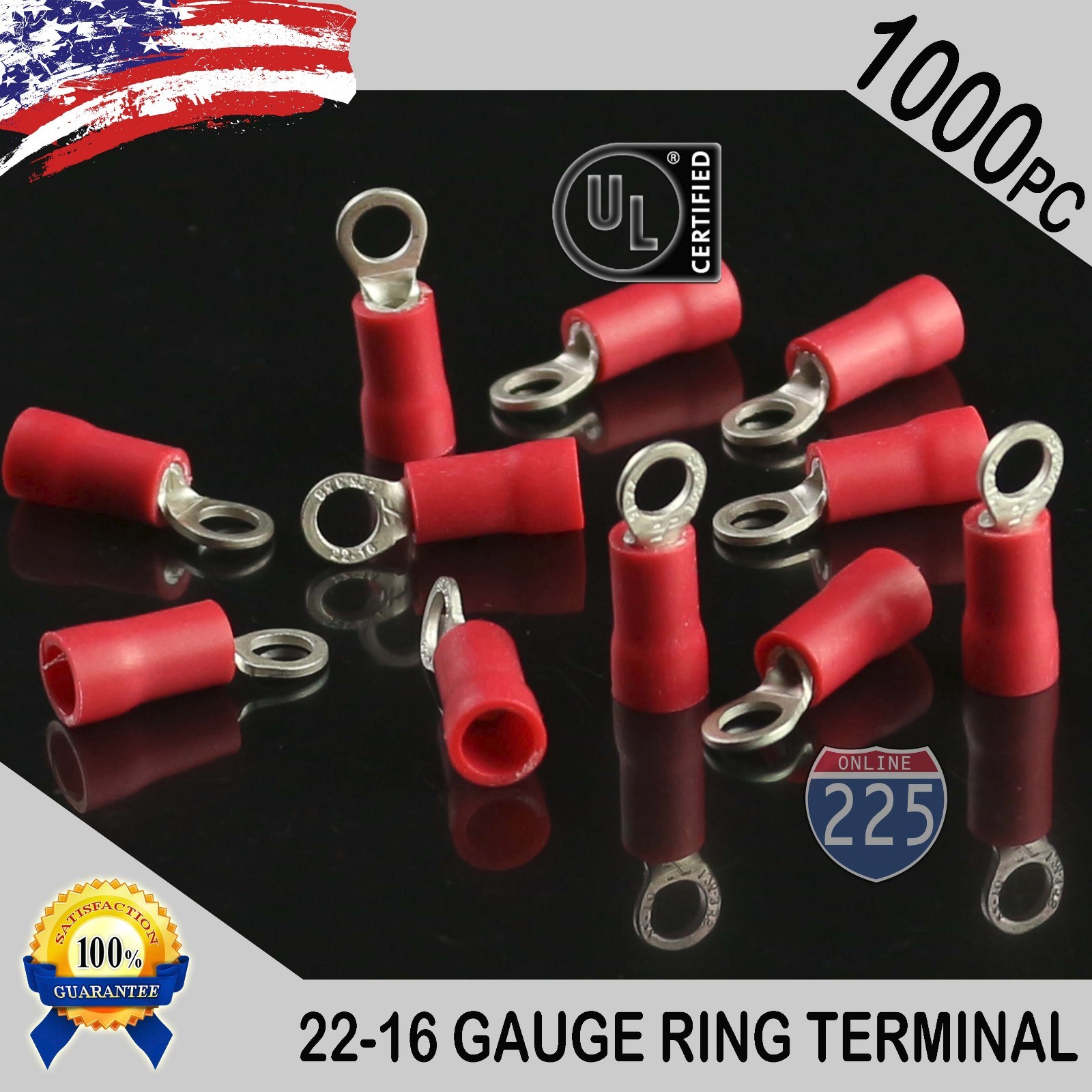 1000 PACK 22-16 Gauge #10 Stud Insulated Vinyl Ring Terminals Tin Copper Core US