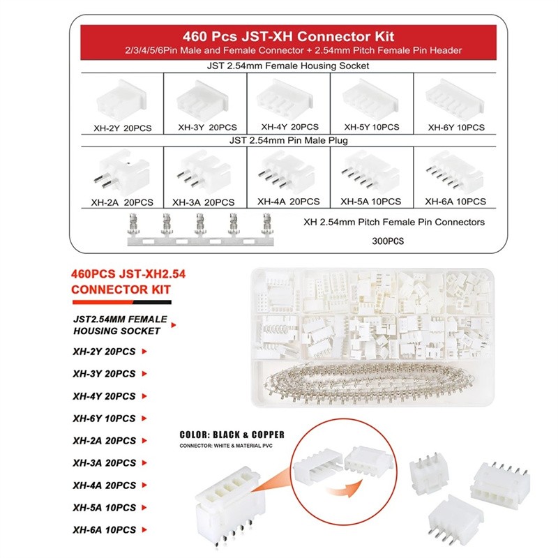 460PCS JST PH2.0mm/XH 2.54mm Pitch Connector Assortment Kit 2/3/4 Pin