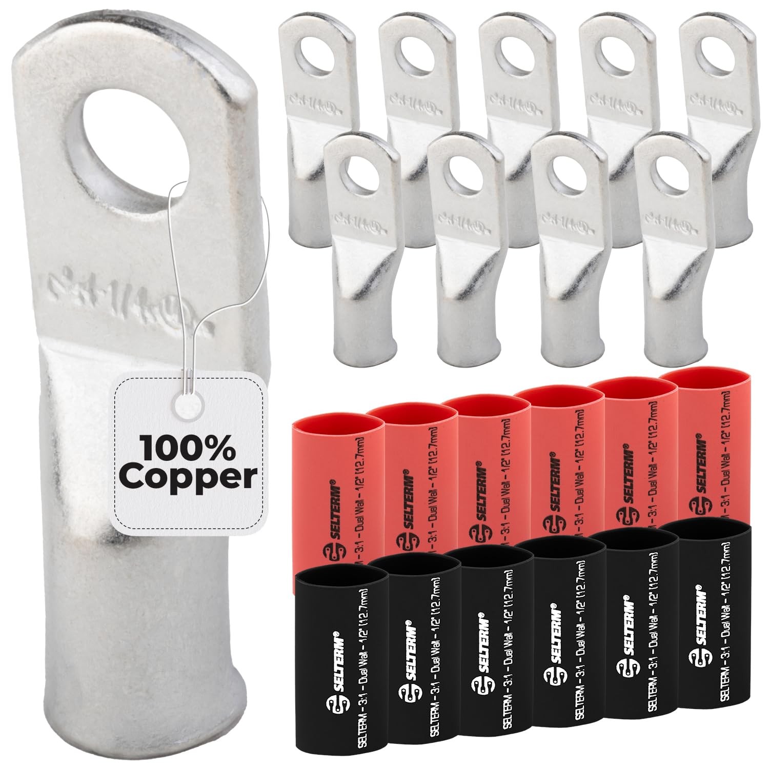 SELTERM 10pcs, 4 4 Awg – 1/4″ (M6) Ring, Tinned Copper Lugs + Heat Shrinks