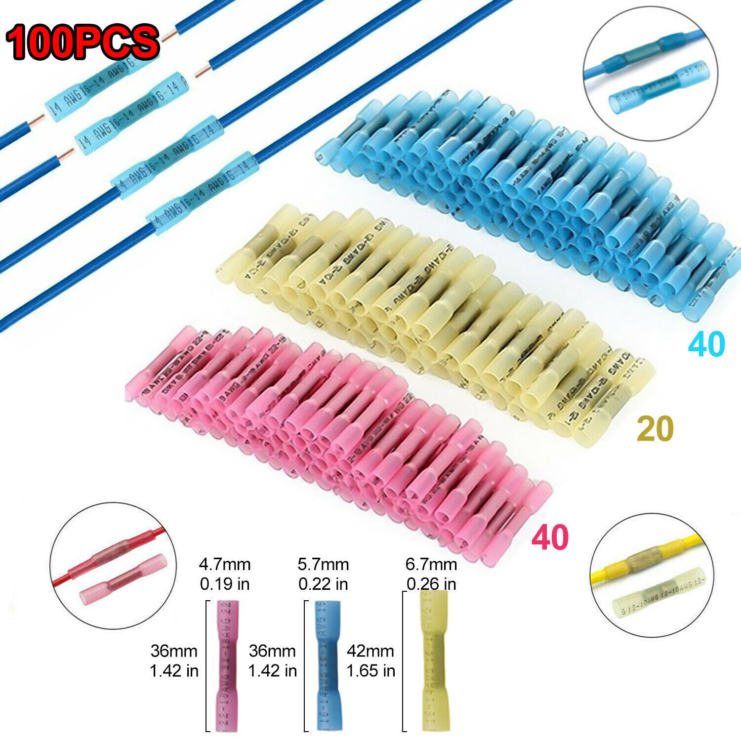 200/100/50PCS Heat Shrink Butt Wire Splice Connectors Seal Crimp Terminals USA
