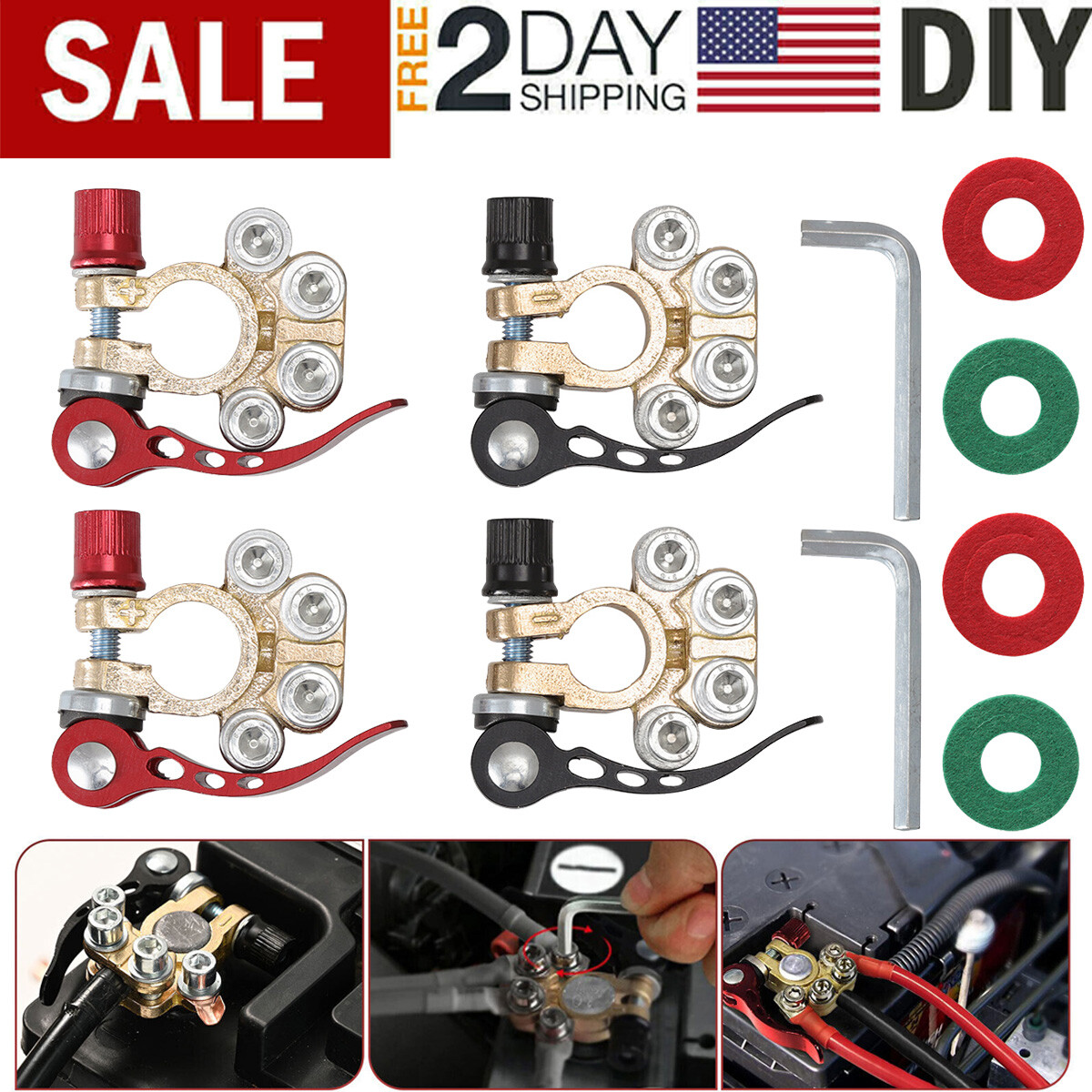 4 X Battery Terminal Clamp Connectors 4 Way Quick Release Adjust Disconnect Tool