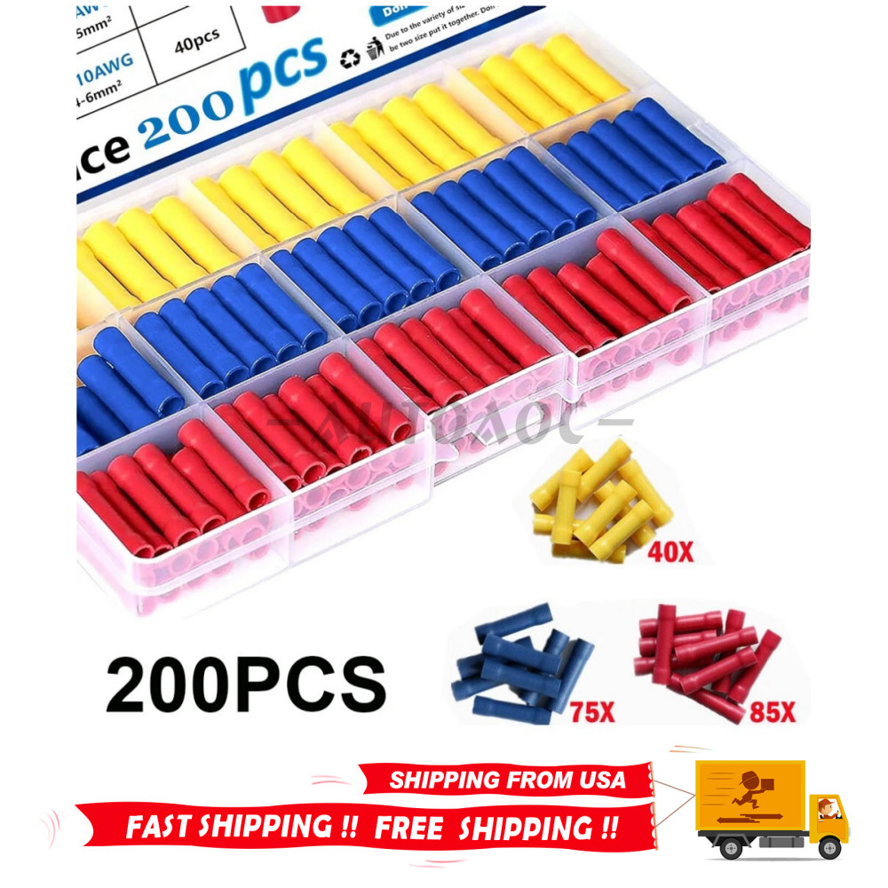 200PCS Electrical Wire Cable Crimp Terminals Insulated Straight Butt Connectors