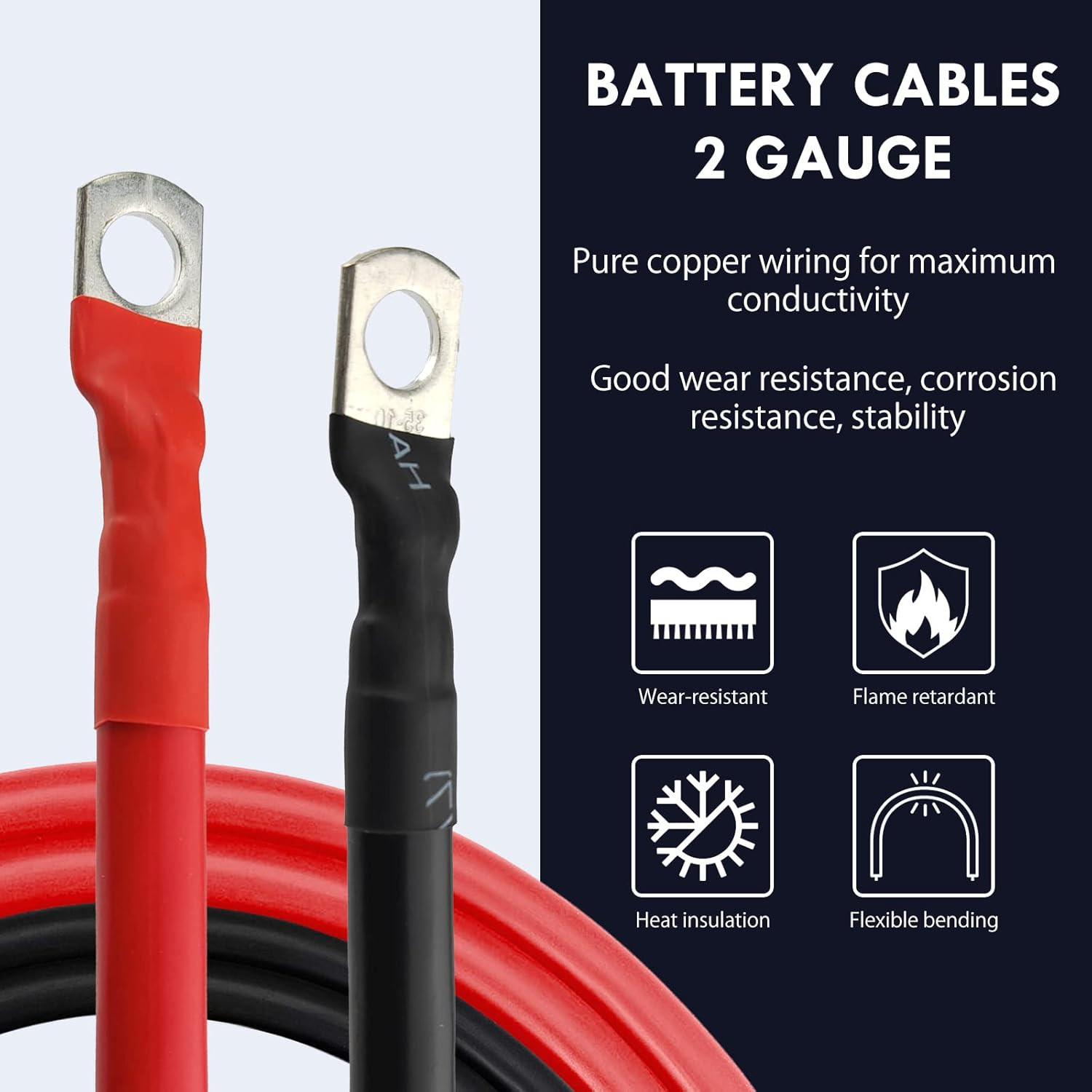 2 AWG Battery Cable 3FT 2 Gauge Pure Copper Battery Inverter Cables with 3/8 in
