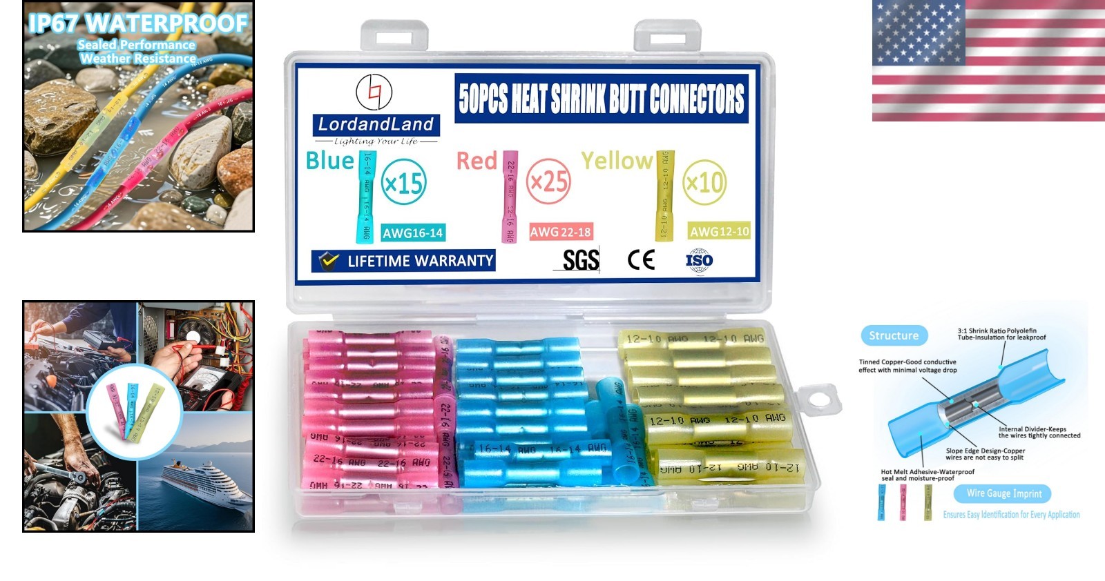 50 Pcs Waterproof Heat Shrink Butt Connectors – Red, Blue, Yellow, 22-10 AWG