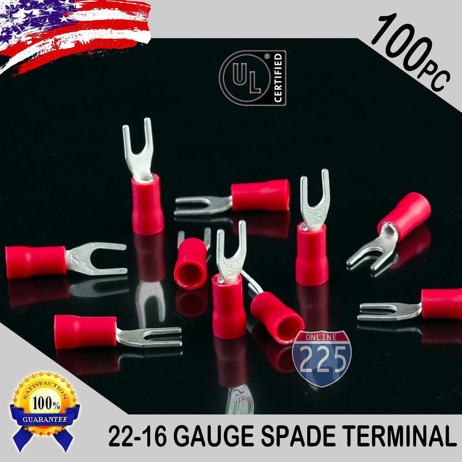 100 Pack 22-18 Gauge Vinyl Spade Fork Crimp Terminals #6 Stud Tin Copper Core UL