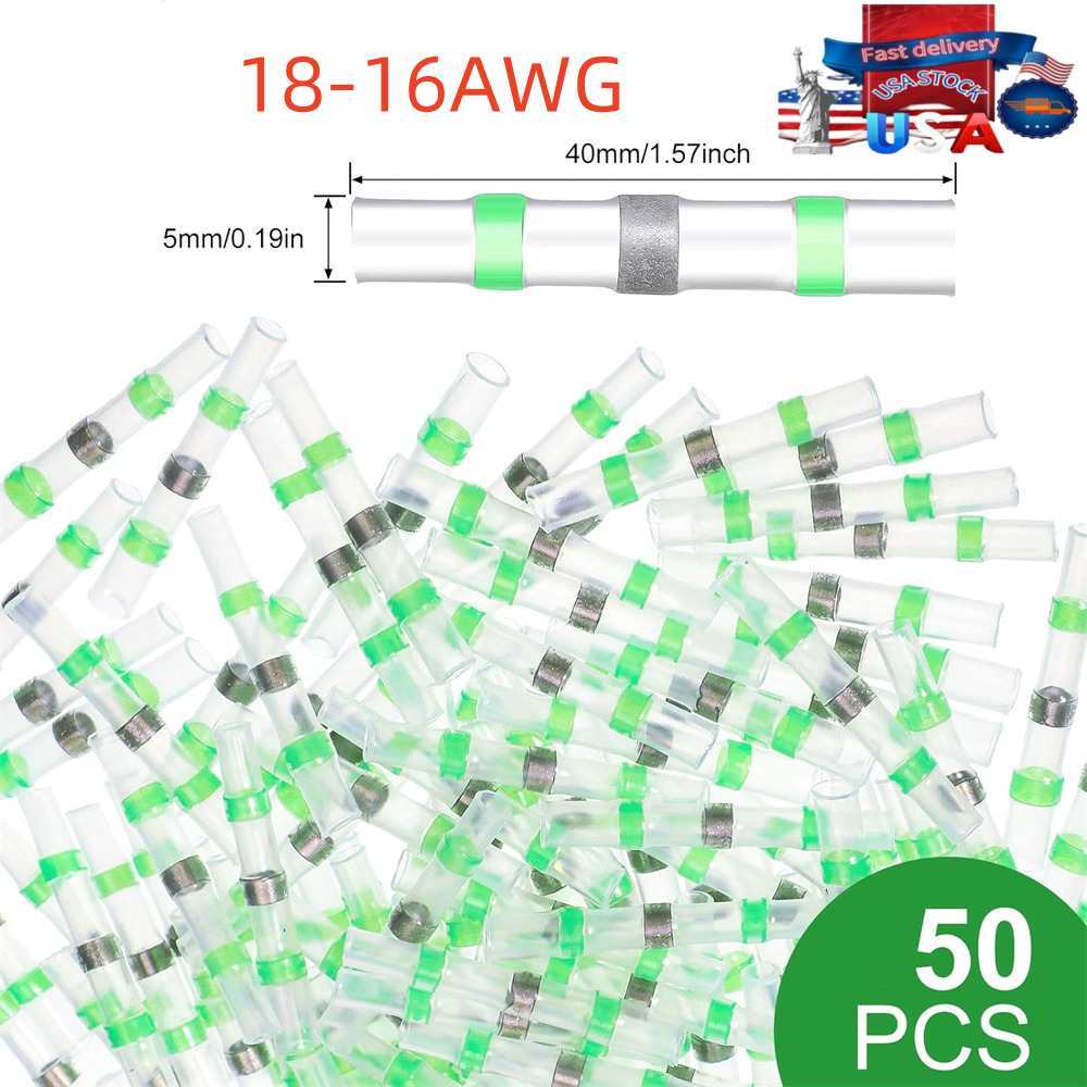 50PCS Green Solder Seal Wire Connector AWG18-16 Heat Shrink Butt Splice Terminal