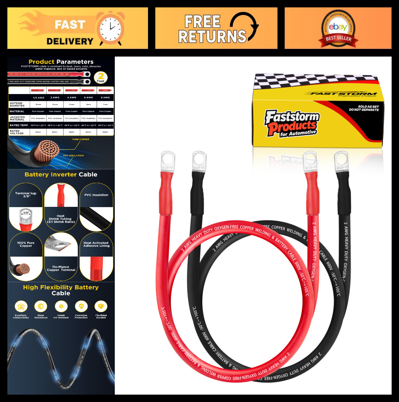 2 AWG Battery Cable – Flexible Inverter Cables 2FT Pair, OFC Pure Copper, 3/8″ T